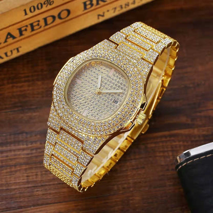 Hiphop Full Diamond Square Quartz Watch for Men Women Luxurious Stainless Steel Strap Rhinestone Studded Dial