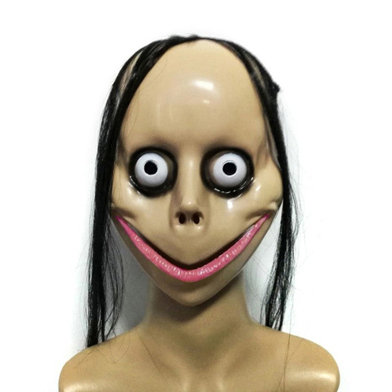 Halloween MO MO Mask With Long Hair Big Eyes Funny Mask Horror Ghost Party Costume Props V-shaped Mouth Mask Halloween Cosplay