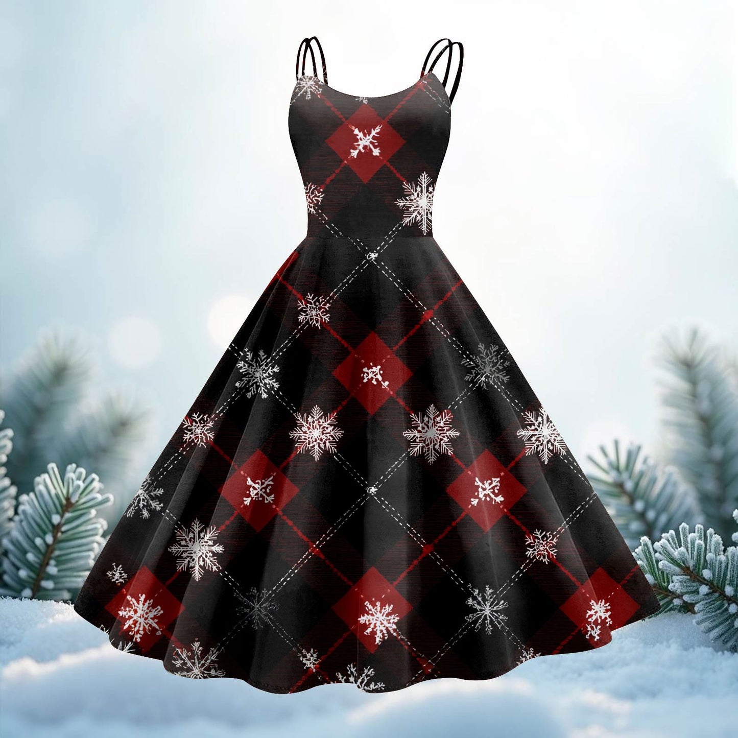High Quality Cute Women's Casual Fashion Round Neck Christmas Print Mid-Length Dress Pretty Sweet Christmas Suspender Dress