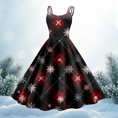 High Quality Cute Women's Casual Fashion Round Neck Christmas Print Mid-Length Dress Pretty Sweet Christmas Suspender Dress