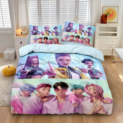 Conjunto de Cama Rumi K-Pop Caçadores de Demônios Temático 2 Lados Estampa Colorida Poliéster Lençol de Dormitório Estudantil Capa de Edredom Presente Infantil