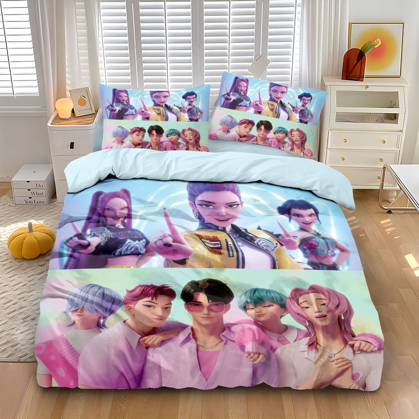 Conjunto de Cama Rumi K-Pop Caçadores de Demônios Temático 2 Lados Estampa Colorida Poliéster Lençol de Dormitório Estudantil Capa de Edredom Presente Infantil