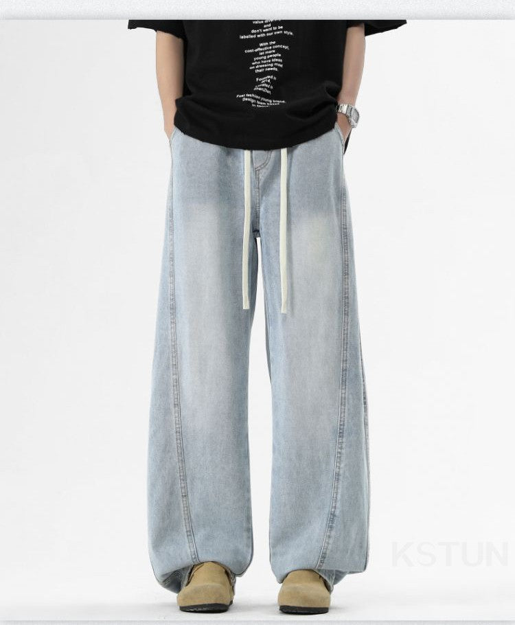 KSTUN Light Blue Jeans Men Straight Loose Mens Baggy Pants Elastic Wasit Wide Leg Jeans Vintage Washed Large Size Spring 2026