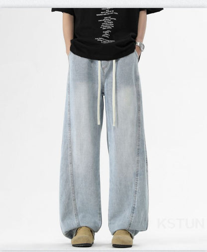 KSTUN Light Blue Jeans Men Straight Loose Mens Baggy Pants Elastic Wasit Wide Leg Jeans Vintage Washed Large Size Spring 2026
