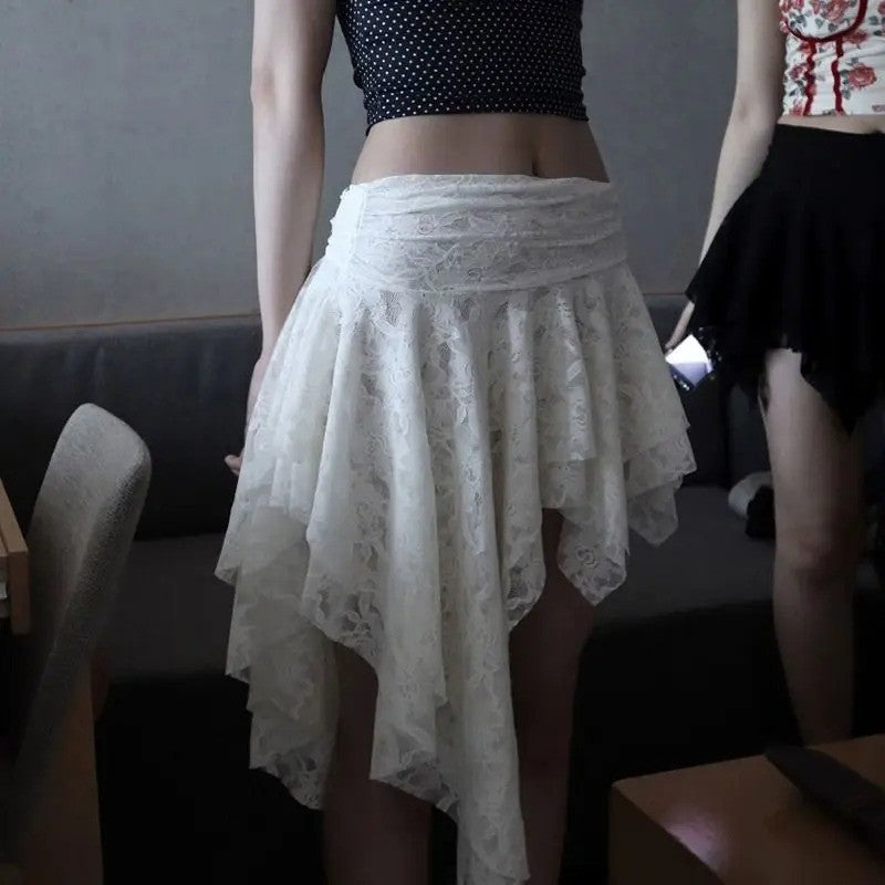 French Style Layered Lace Midi Skirt with Asymmetric Hem White Elegant Semi Formal Women Skirt Unique Design