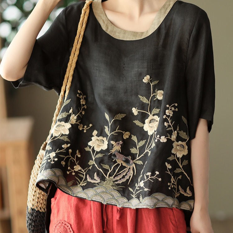 Cotton Linen Embroidered Floral Blouses Women's Chinese Classic Loose Shirt Top Casual Retro O Neck Short Sleeve Summer Shirts