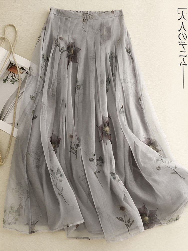 Retro Cotton Linen Double Layer High Waist Printed Skirt A-Line Summer Faionable Drifting Large Size Women's Skirts