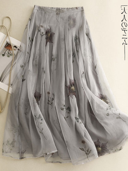 Retro Cotton Linen Double Layer High Waist Printed Skirt A-Line Summer Faionable Drifting Large Size Women's Skirts