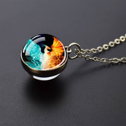 Colares Aurora Yin Yang Fênix de Gelo e Fogo Pingente de Bola de Vidro Dupla Face Colar de Correntes da Moda Joias Legais Feminino Masculino