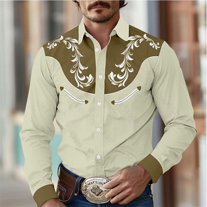 Floral Retro Western Men's Shirt Outdoor Street Casual Daily Spring and Summer Lapel Long Sleeve S-5XL Stretch Fabric Shirt