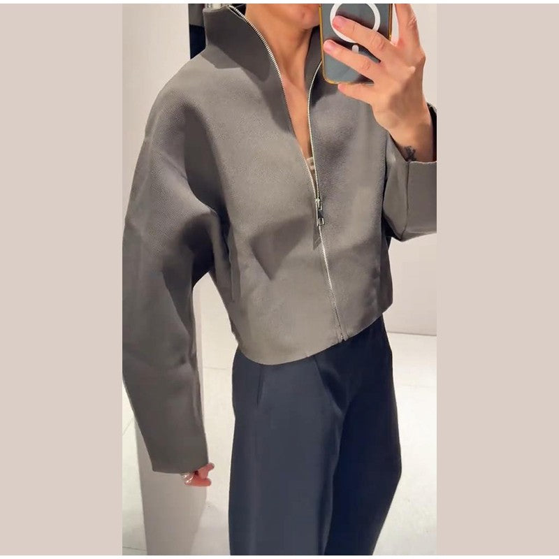 Woolen Zipper Loose Short Jacket Women Long Sleeve Lapel Solid 2025 Autumn Winter Commute Coat Street Office Warm Ladies Outwear