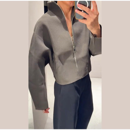 Woolen Zipper Loose Short Jacket Women Long Sleeve Lapel Solid 2025 Autumn Winter Commute Coat Street Office Warm Ladies Outwear