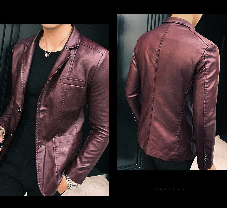 Spring/Autumn Leather Jacket - Plus Size Men's Youth Suit Collar Business Casual Leather Jacket European Sizes XS-3XL
