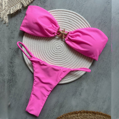 Para Praia 2025 Sexy Push Up Bikini Women Swimwear Metal Starfish Bandeau Thong Bikini Brazilian Swimsuit Female Bathing Suit