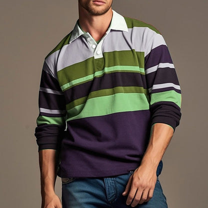 Men's Long Sleeve Polo Shirt 3D Stripes Print Pullover Autumn Business Casual Turn-down Collar Buttoned Oversized Mens Clothing