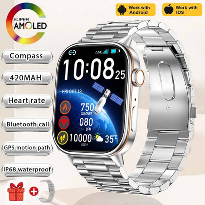 Smartwatch de Música Feminino 2025 Novo com Tela AMOLED HD de 2.01'' Moda, GPS de 6 Estrelas Embutido, Rastreador Impermeável e Chamada, Braceletes