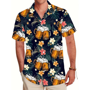 Men's Beer & Leaves 3D Print Shirt Short Sleeve Button-Up Lapel Collar Top Summer Holiday Beachwear