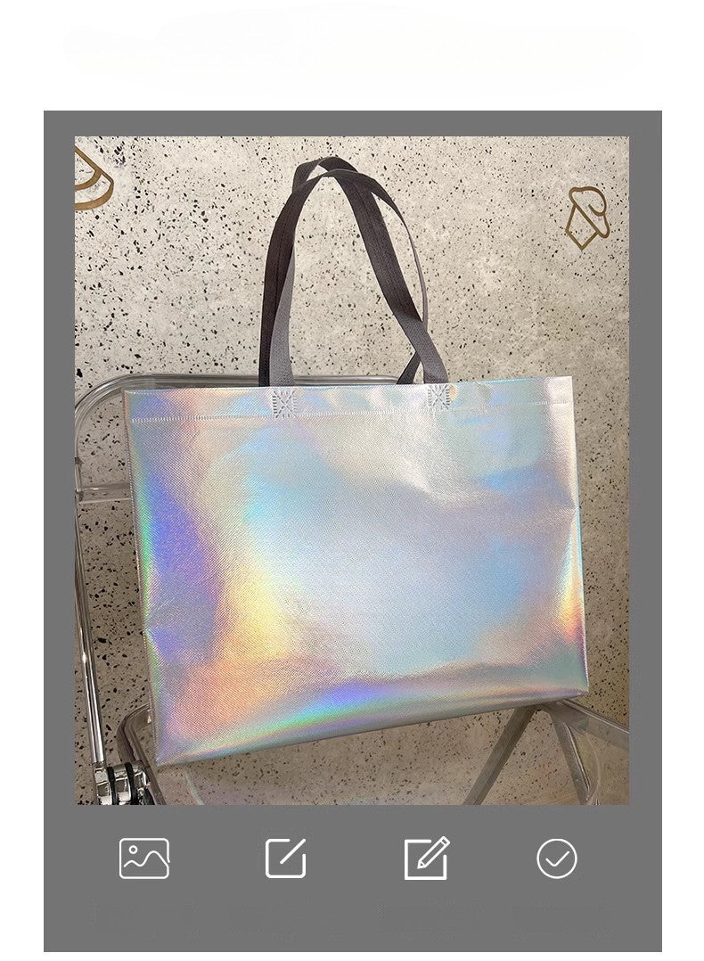 10Pcs Reusable Silver Laser Tote Bag Durable Non Woven Gift Shopping Bag for Wedding Bridesmaid Party Birthday Eco Friendly