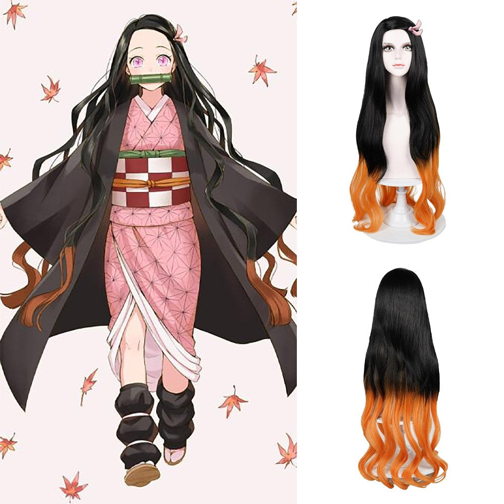 Peruca Sintética de Alta Qualidade para Cosplay de Anime Demon Slayer Kamado Nezuko, Cabelo Cacheado Longo de 81 cm, para Halloween, Carnaval, Festa Diária