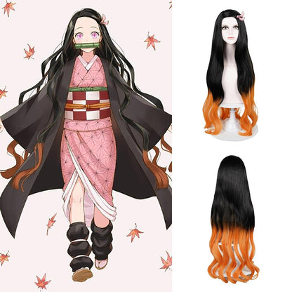 Peruca Sintética de Alta Qualidade para Cosplay de Anime Demon Slayer Kamado Nezuko, Cabelo Cacheado Longo de 81 cm, para Halloween, Carnaval, Festa Diária