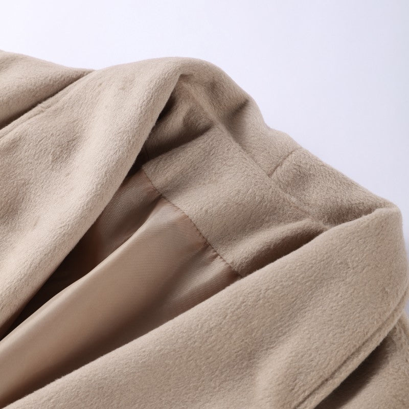 Solid Lace Up Faux Fur Sleeve Jacket Woman Elegant Mid-length V-neck Woolen Blend Coat Autumn Casual Fashion Scarf Outwear 2025