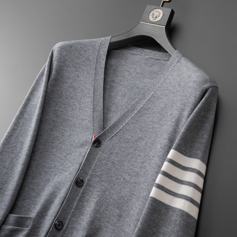 High end brand knitted cardigan men's spring and autumn new classic stripe trend Korean casual side slit V-neck sweater coat