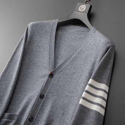 High end brand knitted cardigan men's spring and autumn new classic stripe trend Korean casual side slit V-neck sweater coat