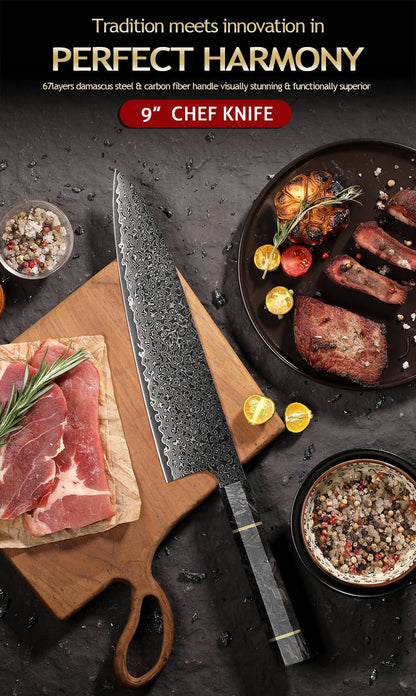 Professional 67-layer Damascus Japanese Kitchen Nakiri Gyuto Chef bread boning Knife Set Home kitchen tool with Carbon Fiber HD