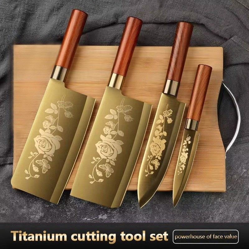 Conjunto de 4 Facas de Cozinha com Revestimento de Titânio - Afiadas, Duráveis, Perfeitas para Cortar Carnes e Ossos, para Cozinhas Profissionais e Domésticas