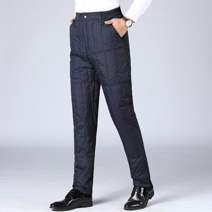 Inverno Masculino Calça de Pato Branco Cintura Alta Engrossada Quente Corta-Vento Térmica Calças para Homem de Meia-Idade PT-593