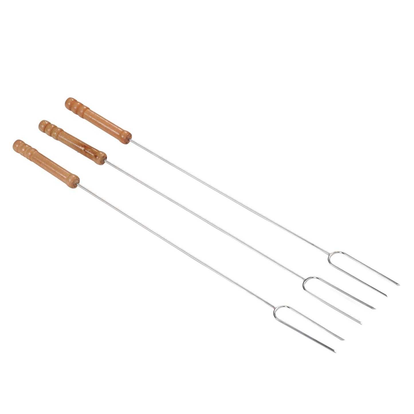 3Pcs 47.2cm Barbecue Forks Multifunctional Stainless Steel Roasting Stick with Beech Wood Handle for Outdoor BBQ Camping
