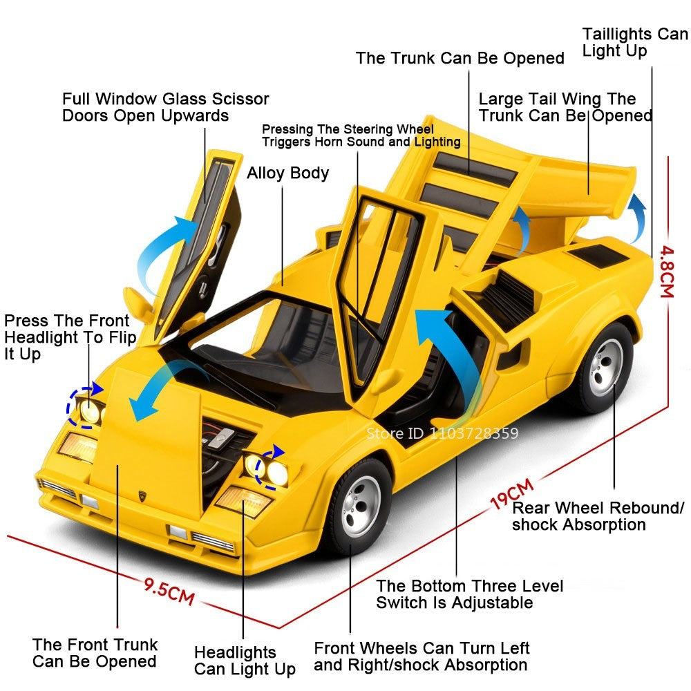 1:24 Countach LP500S VENENO Miniatura de Carro Esportivo Brinquedo Liga Fundida Luz e Som Puxar para Trás Portas Abertas Coleção Supercarro