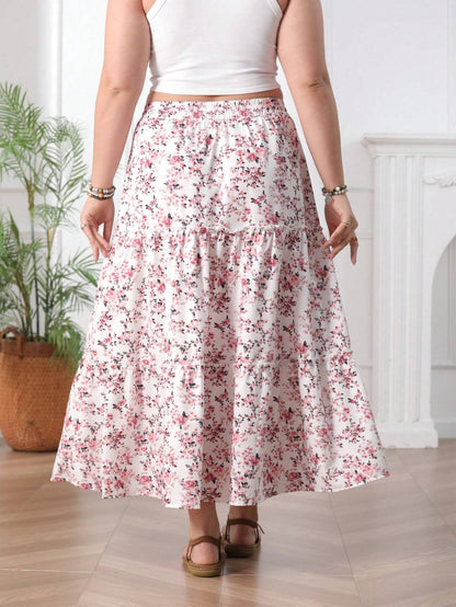 Plus size women's printed holiday style skirt spliced A-line skirt