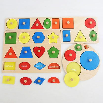 Brinquedos de quebra-cabeça Montessori para bebês de madeira, de encaixe de formas e cores, tábua de raspar à mão, brinquedos cognitivos geométricos de educação infantil