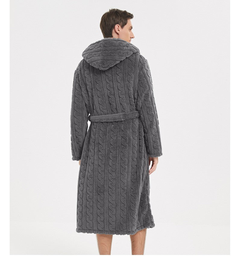 New American Cotton Velvet Jacquard Hooded Men's Dressing Gown with Fleece Thickened Autumn and Winter Couple Dressing Gown
