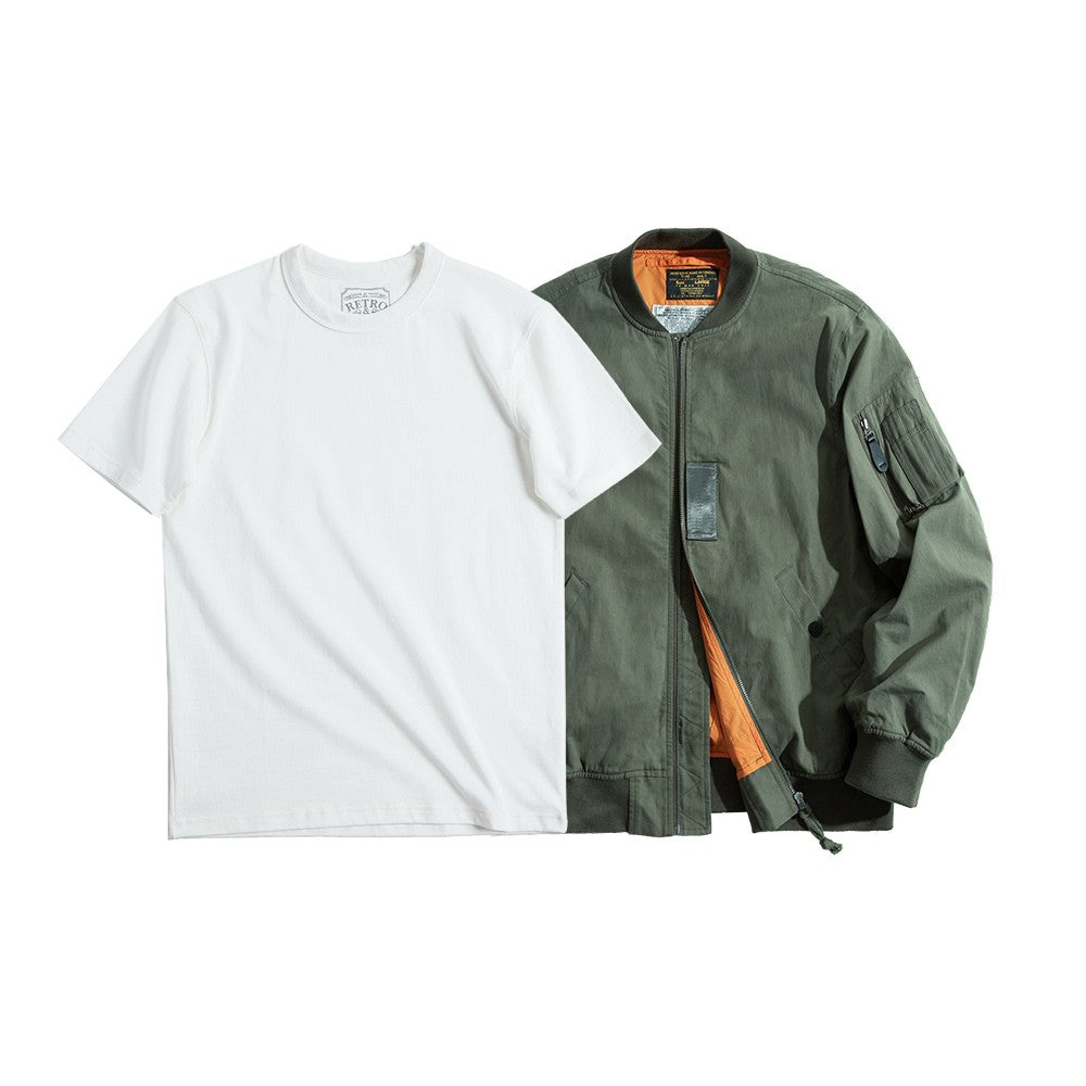 Maden Men's MA-1 Flight Bomber Jackets and T-shirts Vintage Air Pilot Jacket Green Baseball Suit Coat 2 Piece Tops