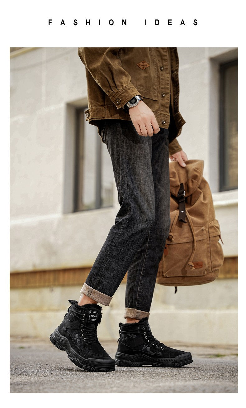 Winter Fleece Warm High-top Men's Shoes Trendy Casual Outdoor Solid Color Mid-top Fashionable Round Toe Plus-size Snow Boots