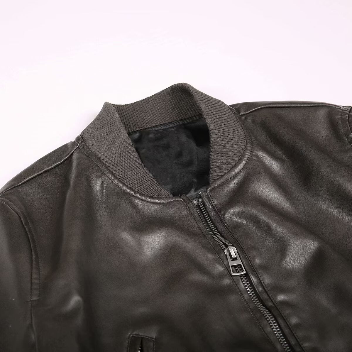 BSK&TRAF Hot Girl Stand Collar Distressed Faux Leather Bomber Jacket 2025 Women's Fashion Commuter Leather Jacket