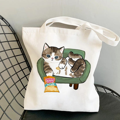 Kawaii Cats Manga Cartoon Reusable Tote Bag Women's High Capacity Versatile Canvas Shoulder Bag, Beach Shopper Handbag
