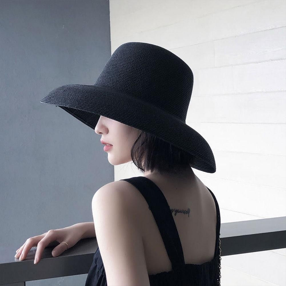 Women Panama Straw Hat Summer Sun Hats Solid Plain Elegant Wide Brim Hat Sunscreen Hepburn Style Beach Hat For Outdoor
