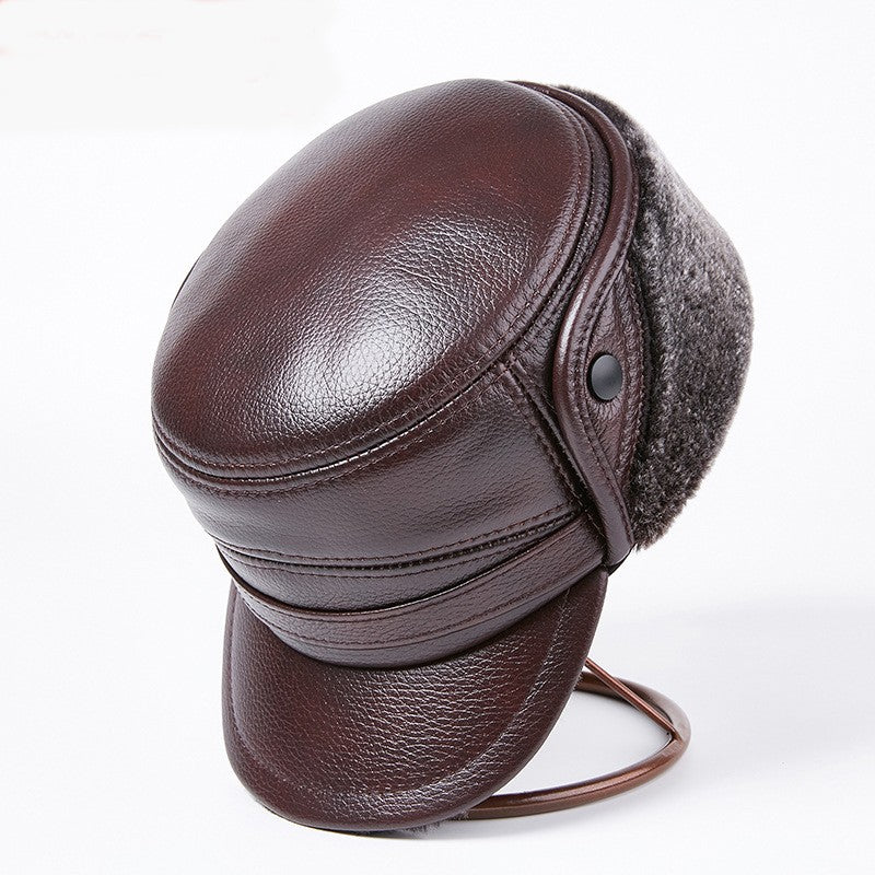 Men's Genuine Leather Duckbill Hat Winter Thickened Warm Outdoor Earflap Cotton Cap Elderly Real Leather Hat Cowhide Warm
