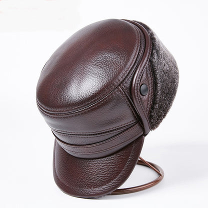 Men's Genuine Leather Duckbill Hat Winter Thickened Warm Outdoor Earflap Cotton Cap Elderly Real Leather Hat Cowhide Warm