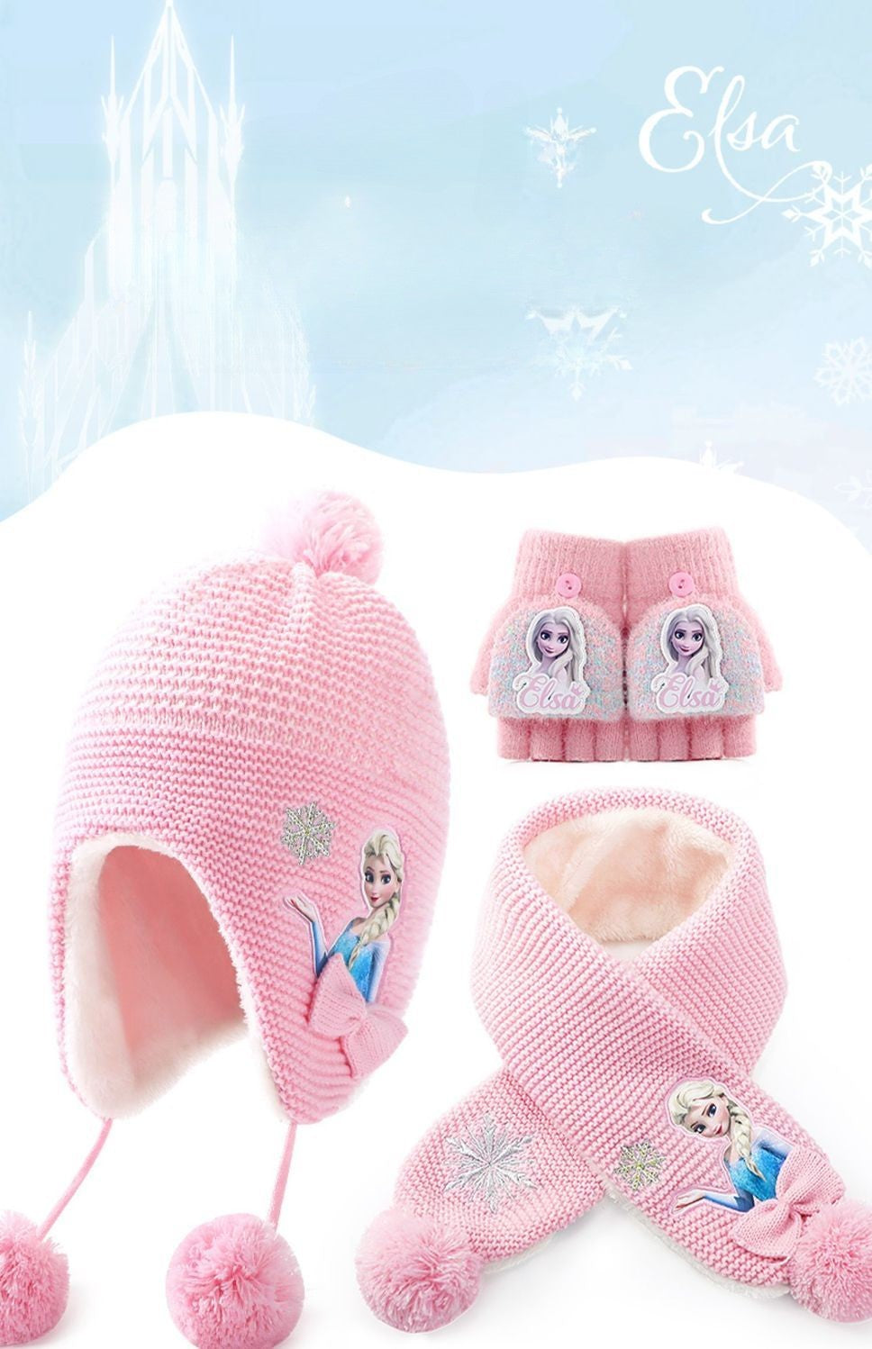 Conjunto infantil de gorro de lã e cachecol com animação da Elsa de Frozen da Disney, desenho animado, inverno, forro de veludo, espesso para manter aquecido