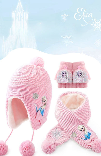 Conjunto infantil de gorro de lã e cachecol com animação da Elsa de Frozen da Disney, desenho animado, inverno, forro de veludo, espesso para manter aquecido