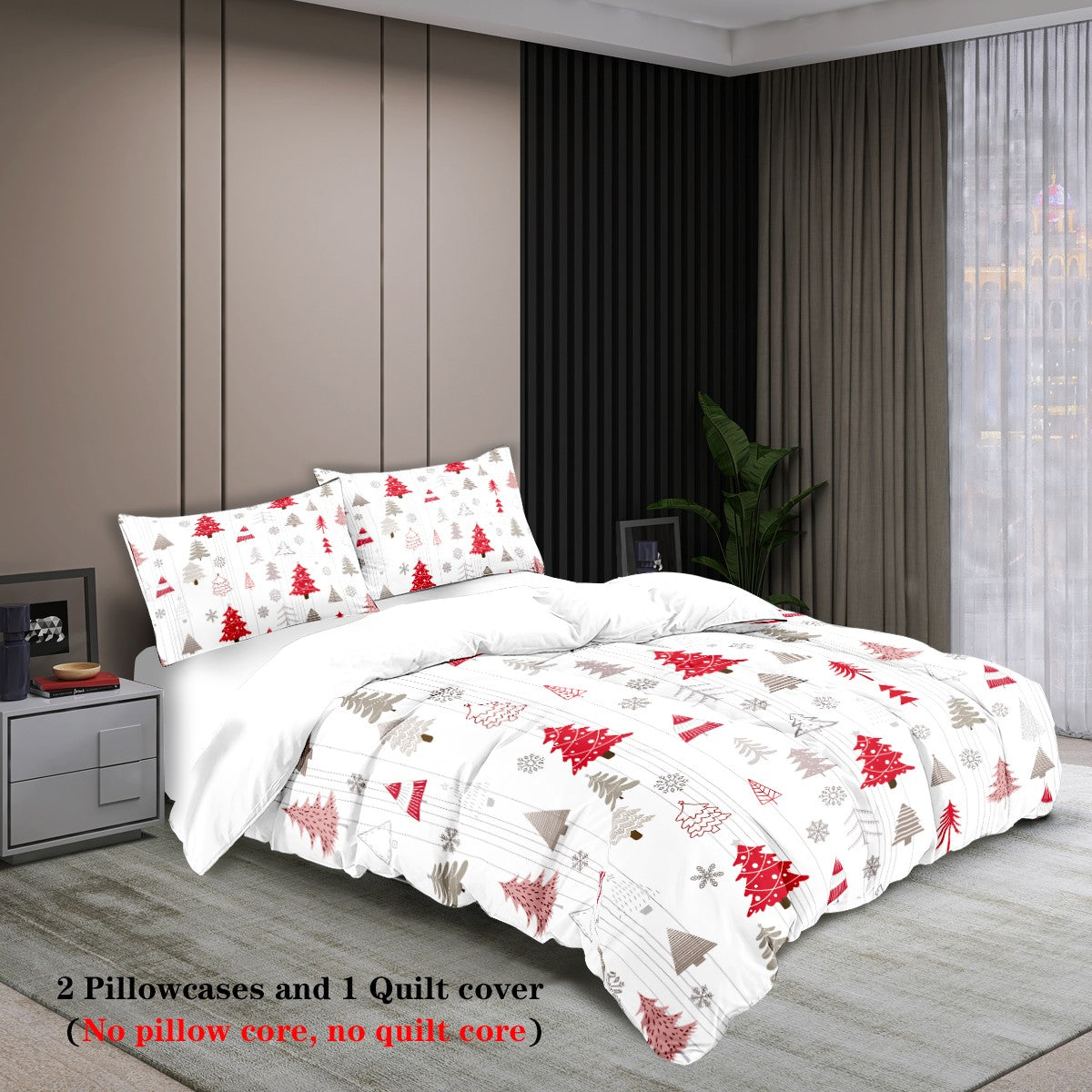 3-piece Christmas themed Christmas tree pattern print (1 duvet cover+2 pillowcases, no core) comfortable bedding set