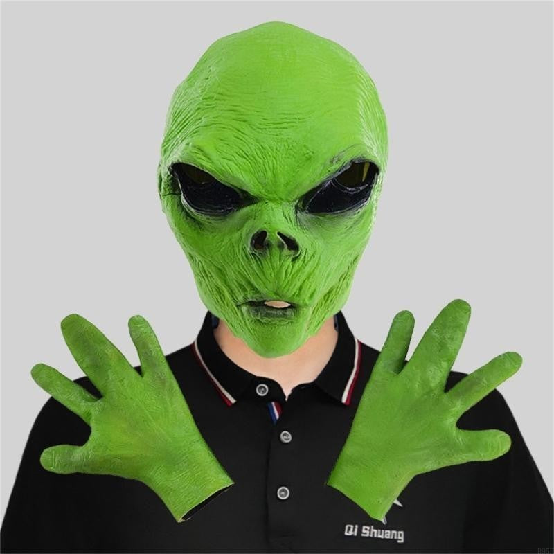 B95F Full Face Alien Mask for Adults Halloween Alien Mask Gloves Set, Alien Cosplay Costumes Props, for Halloween Party