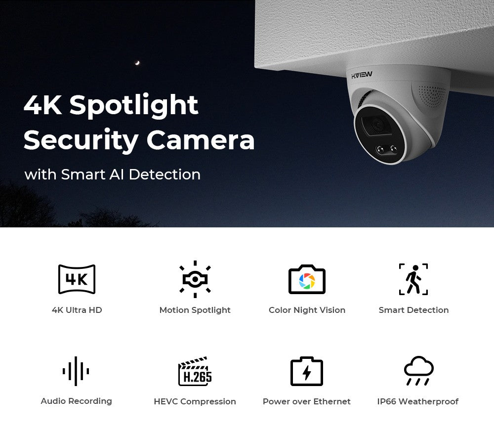 H.View 8Mp Poe Ip Camera Ai Face Detection 4K Cctv Security Camera Outdoor Dome Audio Video Surveillance Recorder xmeye app nvr