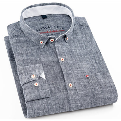 Men‘s Solid Button-Down Collar Dress Shirt - Breathable Cotton-Linen Blend - Long Sleeve, Slim-fit - Spring Summer Casual Chic