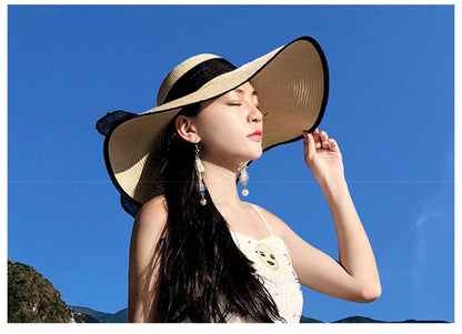 Women Summer Beach Travel Straw Hat Korean Seaside Big Hat Brim Sunblock Sunshade Holiday Foldable Fashion Big Cool Hat