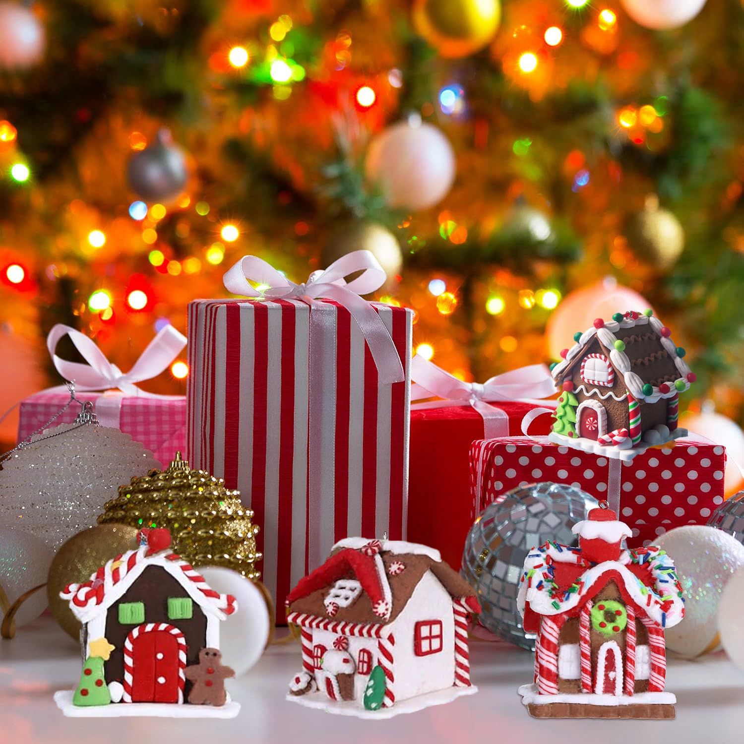 5pcs House Ornaments Holiday Christmas Tree Ornament Set Gingerbread Christmas Decor with Rope Gingerbread House Decor